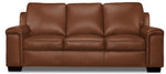 Icon Leather Sofa - Saddle front view with three seat cushions, padded back cushions and rolled arms