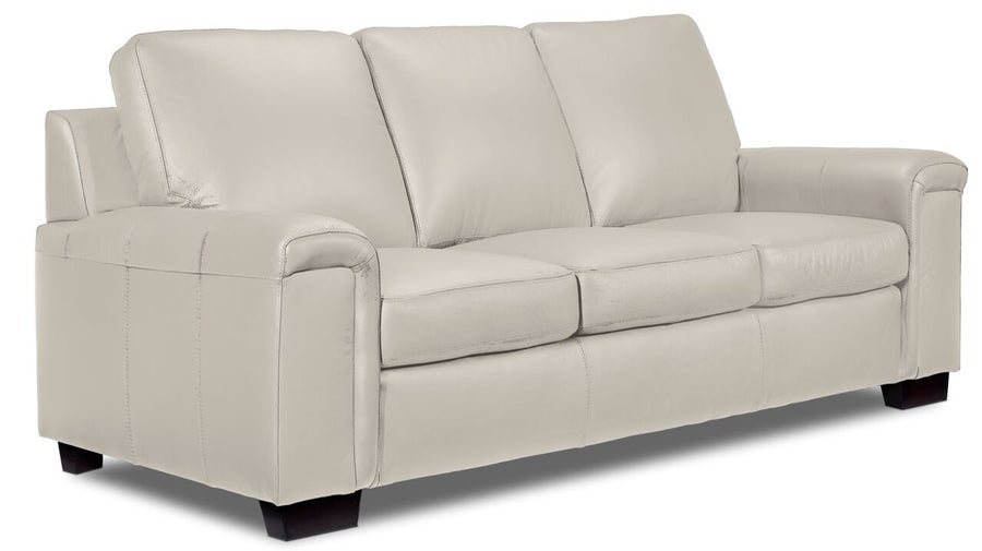 Icon Leather Sofa - Silver Grey angled view with three cushioned seats, padded arms and dark wood feet