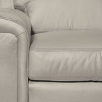 Icon Leather Sofa - Silver Grey close-up showing genuine leather upholstery, stitching, arm and seat cushion