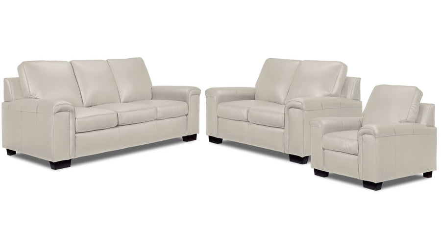 Icon Leather Sofa, Loveseat and Chair Set - Cloud Grey with matching padded leather seating