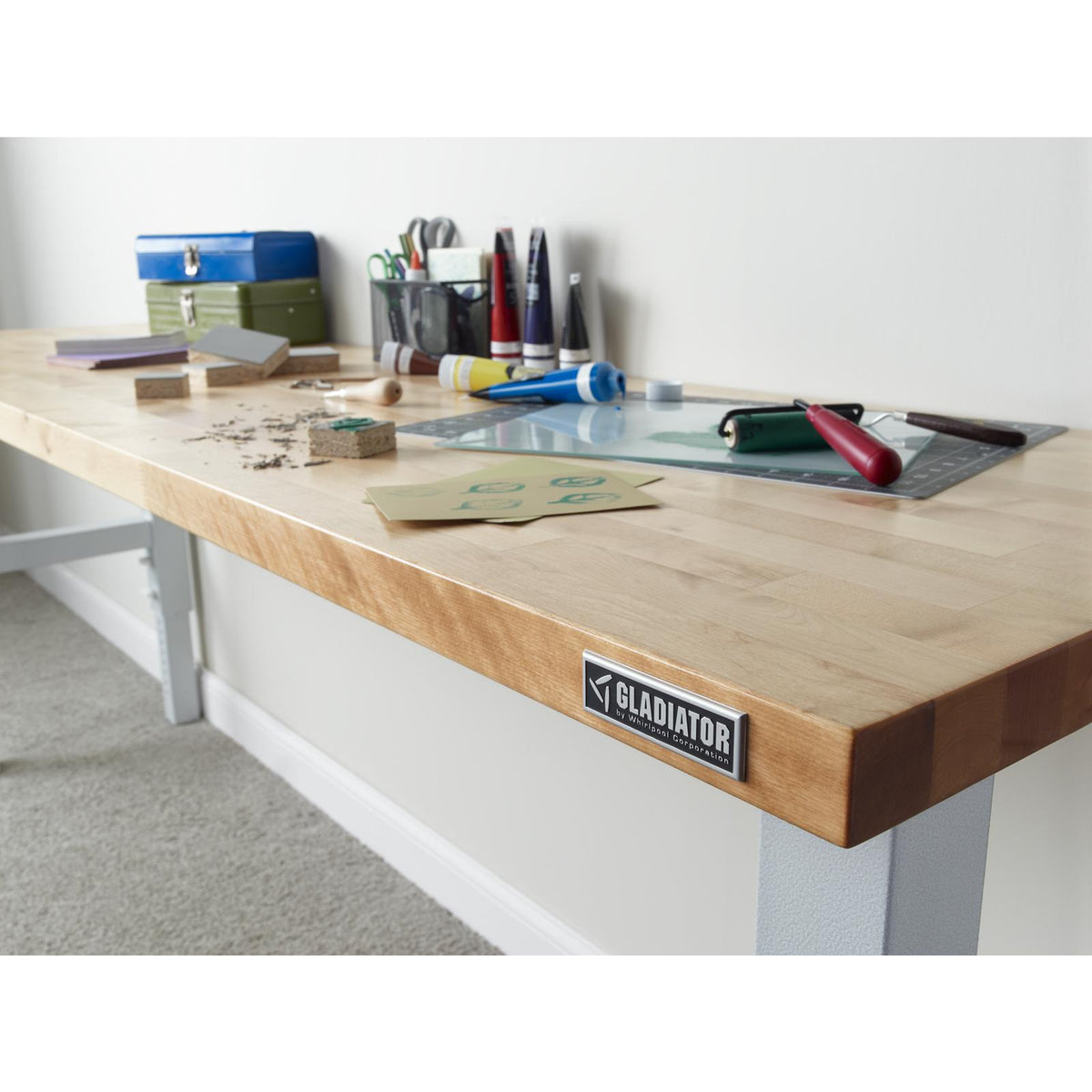 Gladiator Hammered White 8' Adjustable Height Hardwood Workbench - GAWB08HWGW