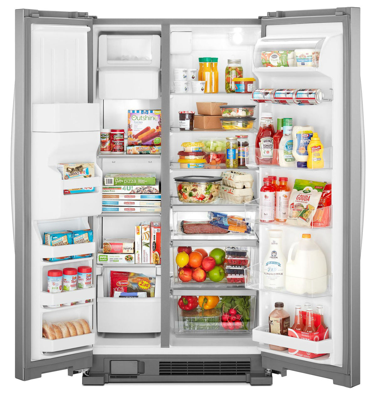 Open Whirlpool side-by-side refrigerator showing fresh food and freezer compartments